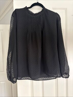 Loft Sheer Swiss Dot Ruffle Neck Long-Sleeve Blouse - Black
